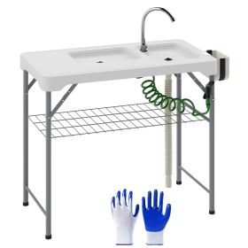 Outsunny Folding Fish Cleaning Table with Sinks, Portable Camping Sink Table with Faucet, Drainage Hose, Sprayer, Shelf, Drawer and Storage Baske (Color: White)